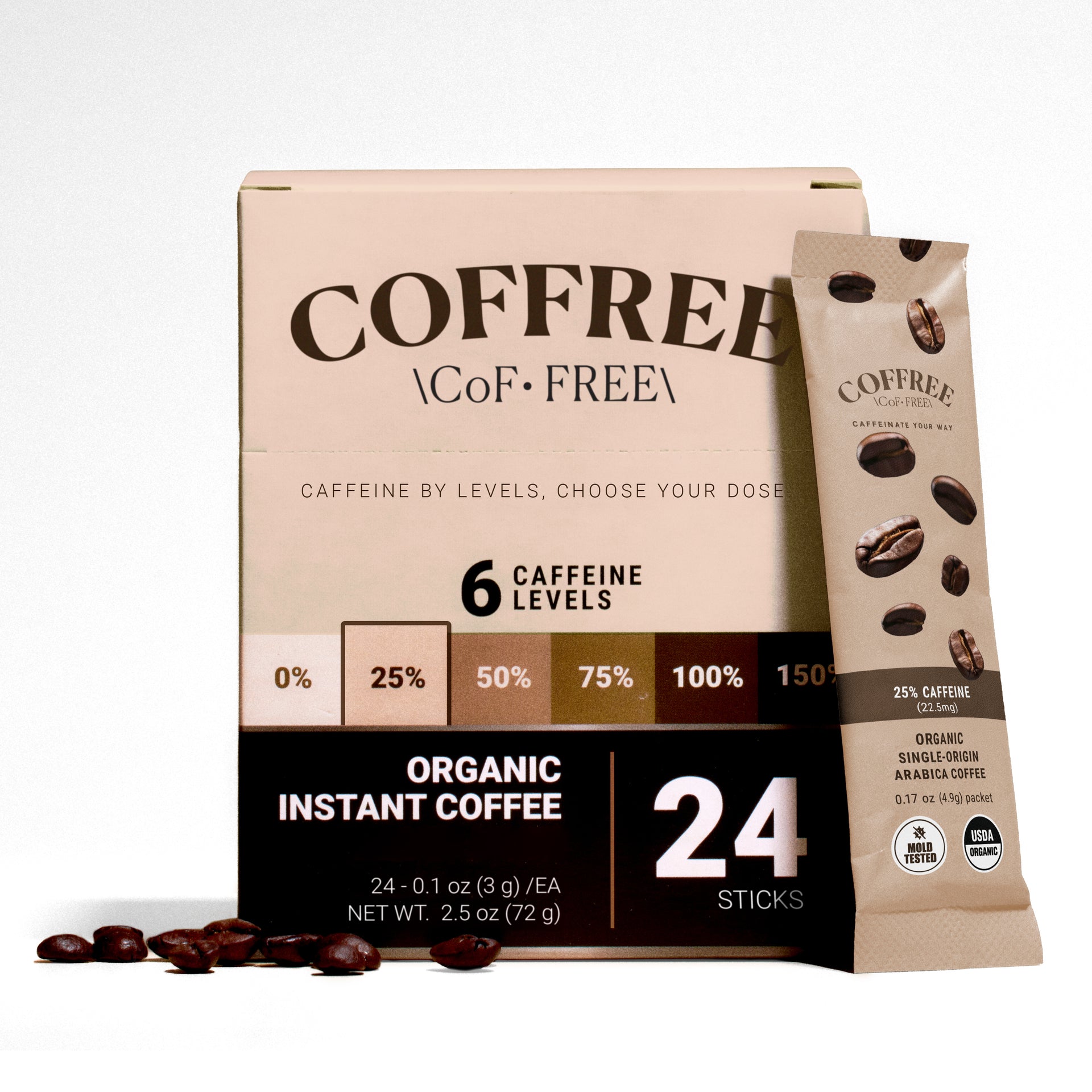 25% Caffeine Instant Coffee - 24 Pack Box