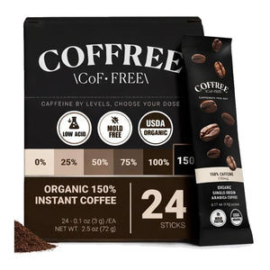 COFFREE Organic Instant Coffee Packets – Extra Strong (150% Caffeine, 135mg) – 24 Single Serve Sticks