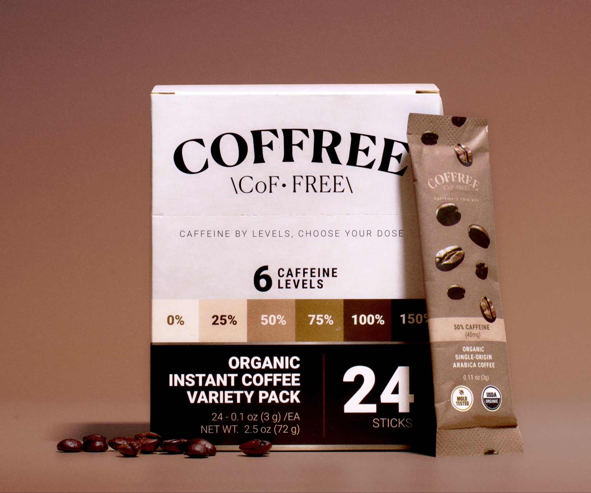 COFFREE Organic Instant Coffee Packets – Variety Pack (6 Caffeine Levels: 0%–150%) – 24 Single Serve Sticks