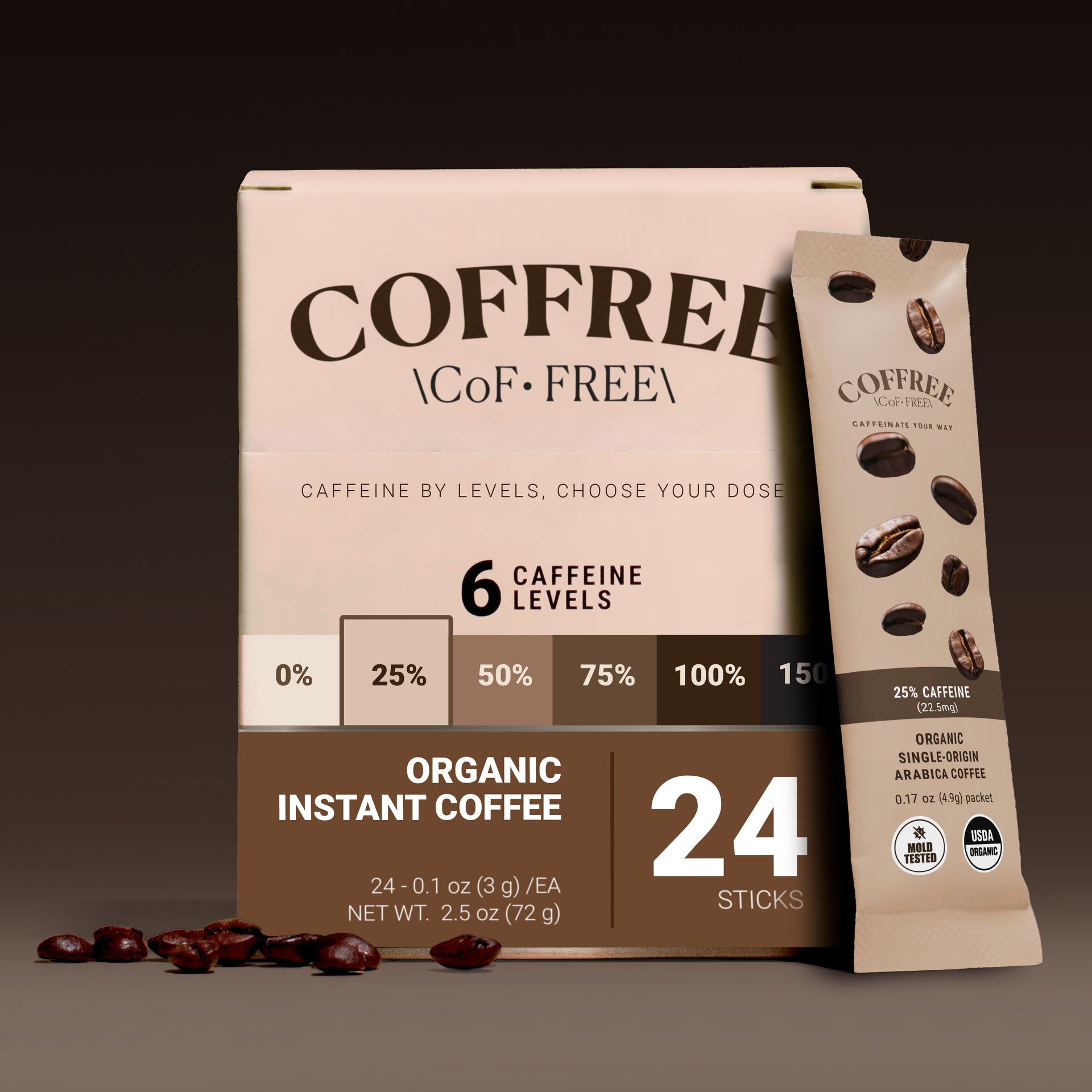 25% Caffeine Instant Coffee - 24 Pack Box