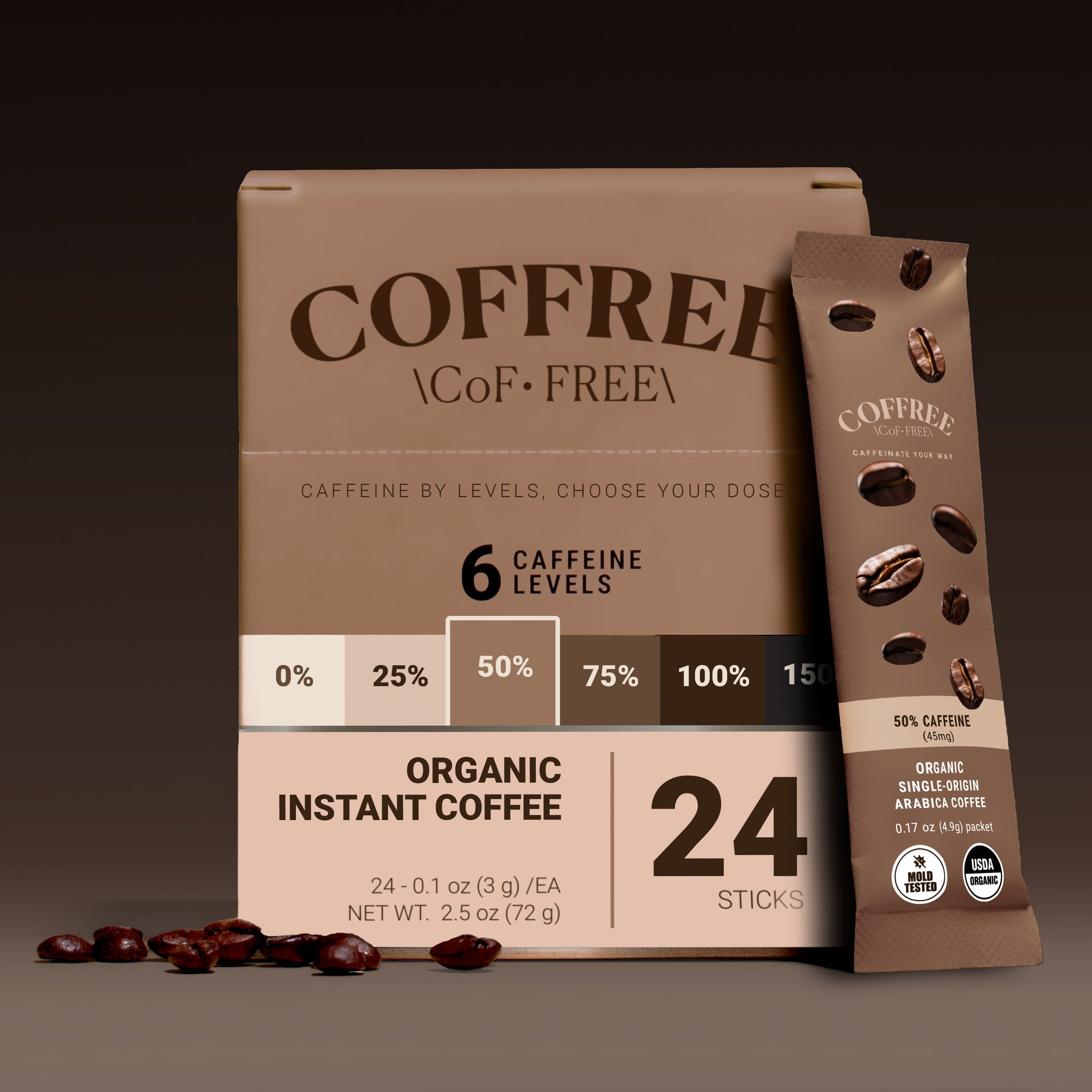 50% Caffeine Instant Coffee - 24 Pack Box