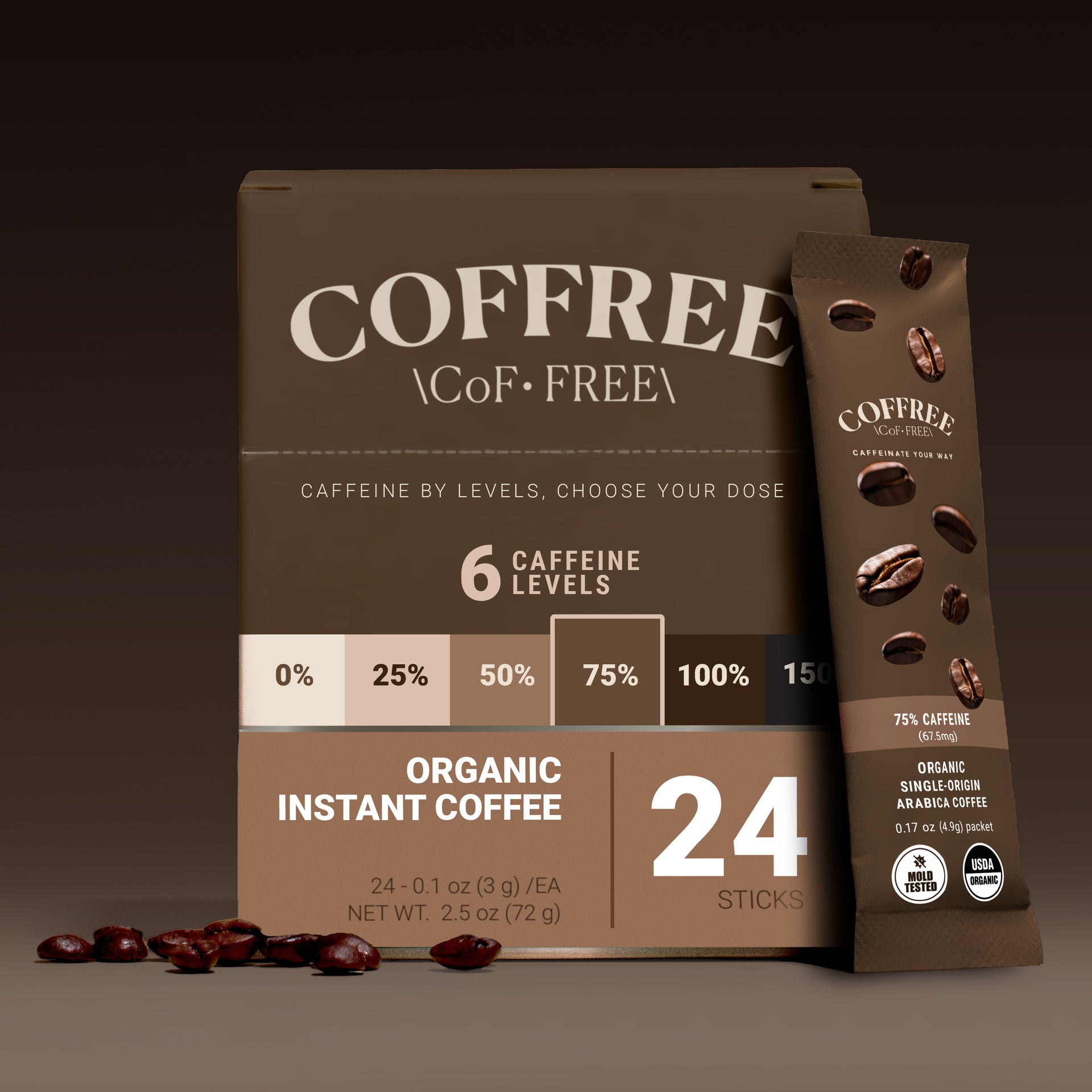 75% Caffeine Instant Coffee - 24 Pack Box