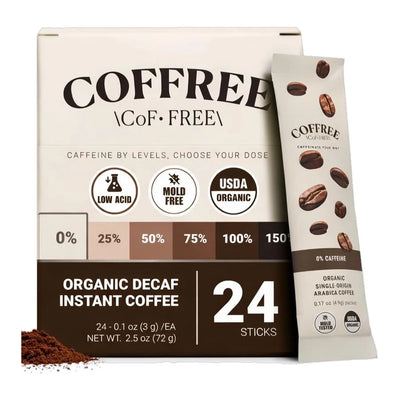 COFFREE Organic Instant Coffee Packets – Decaf (0% Caffeine, 0mg) – 24 Single Serve Sticks