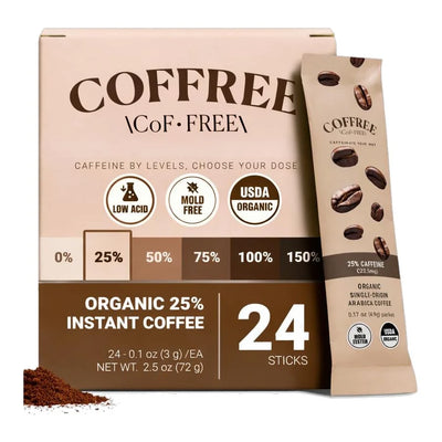 COFFREE Organic Instant Coffee Packets – 25% Caffeine (22.5mg) – 24 Single Serve Sticks