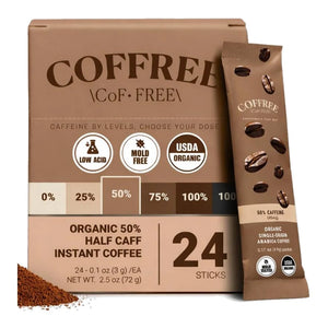 COFFREE Organic Instant Coffee Packets – Half Caff (50% Caffeine, 45mg) – 24 Single Serve Sticks