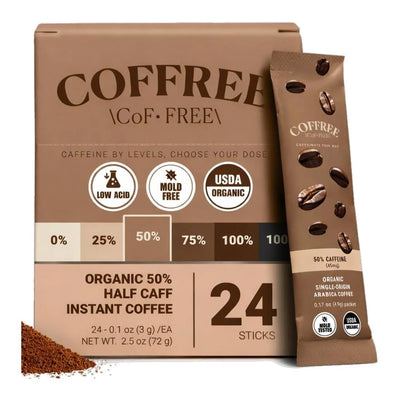 COFFREE Organic Instant Coffee Packets – Half Caff (50% Caffeine, 45mg) – 24 Single Serve Sticks