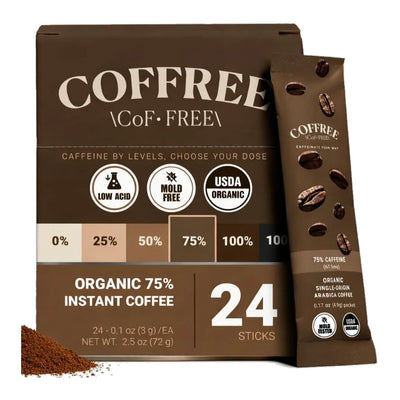 COFFREE Organic Instant Coffee Packets – 75% Caffeine (67.5mg) – 24 Single Serve Sticks