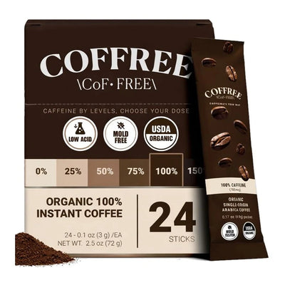 COFFREE Organic Instant Coffee Packets – Full Caff (100% Caffeine, 90mg) – 24 Single Serve Sticks